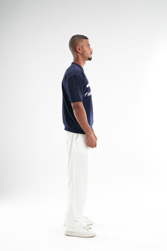 Navy Blue Hunger Built Me Round Knitted