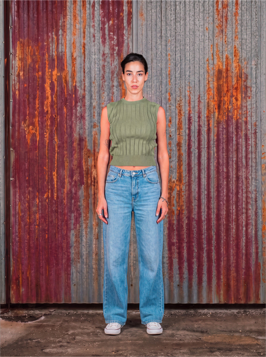 Olive Green Ribbed Knit Sleeveless Top