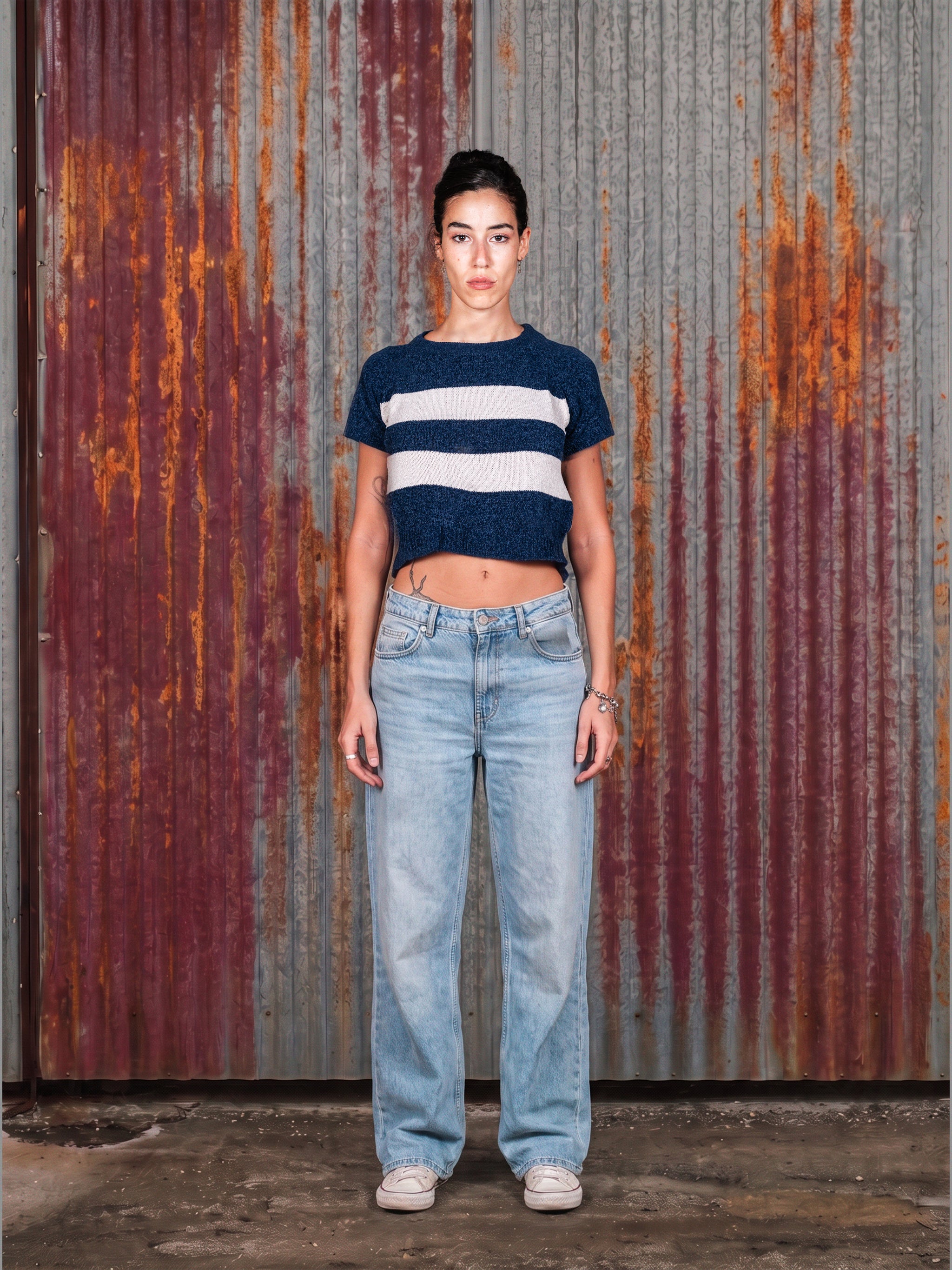 Navy & Cream Stripe Knit Crop Top