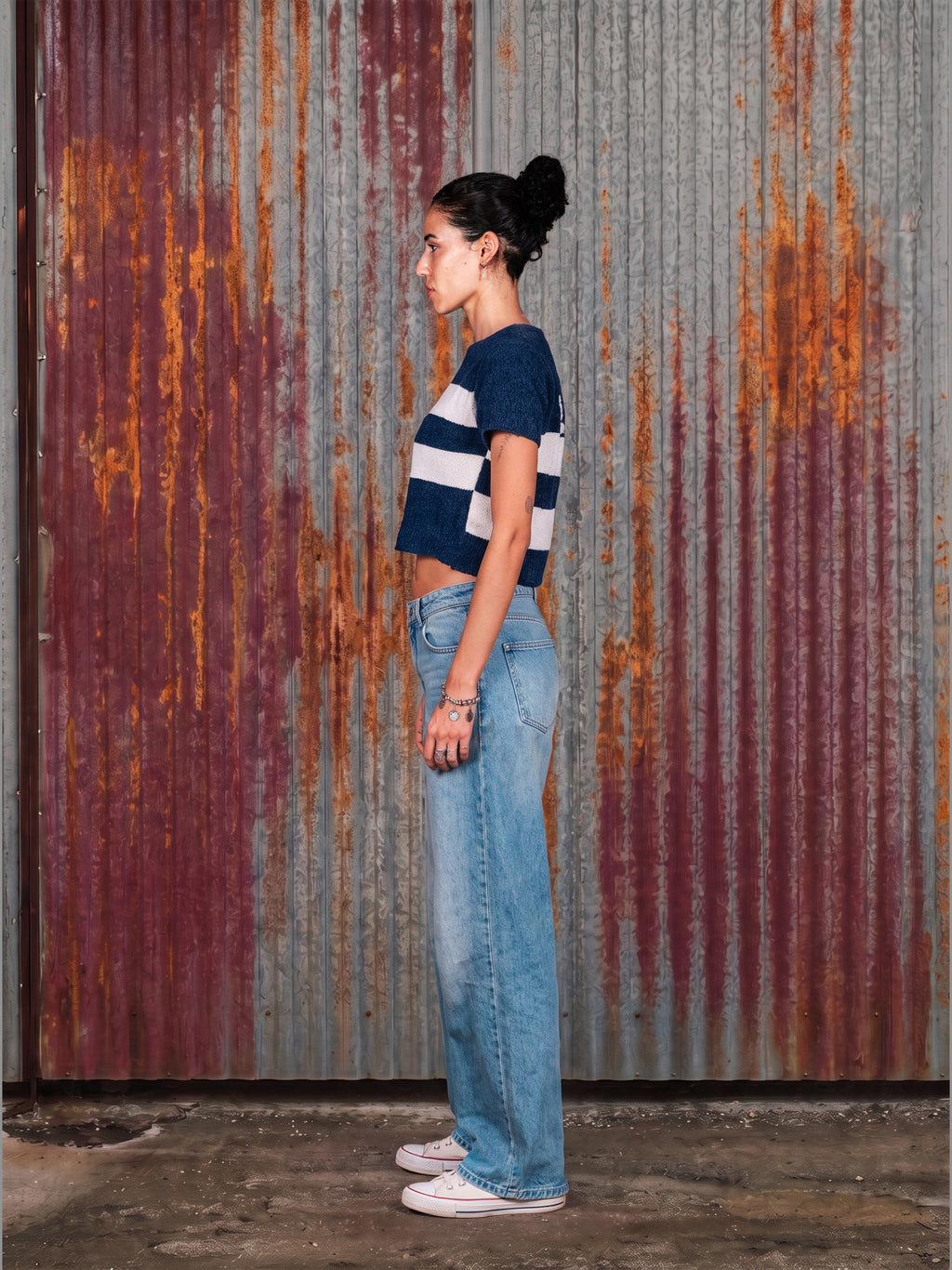 Navy & Cream Stripe Knit Crop Top