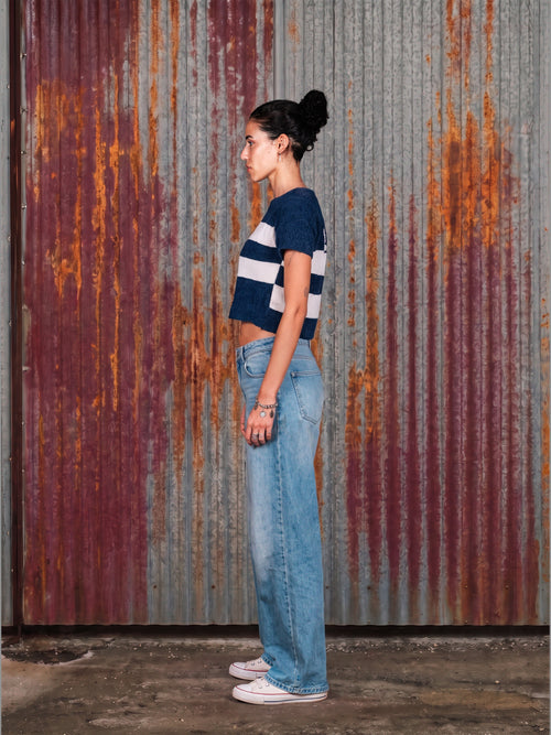 Navy & Cream Stripe Knit Crop Top