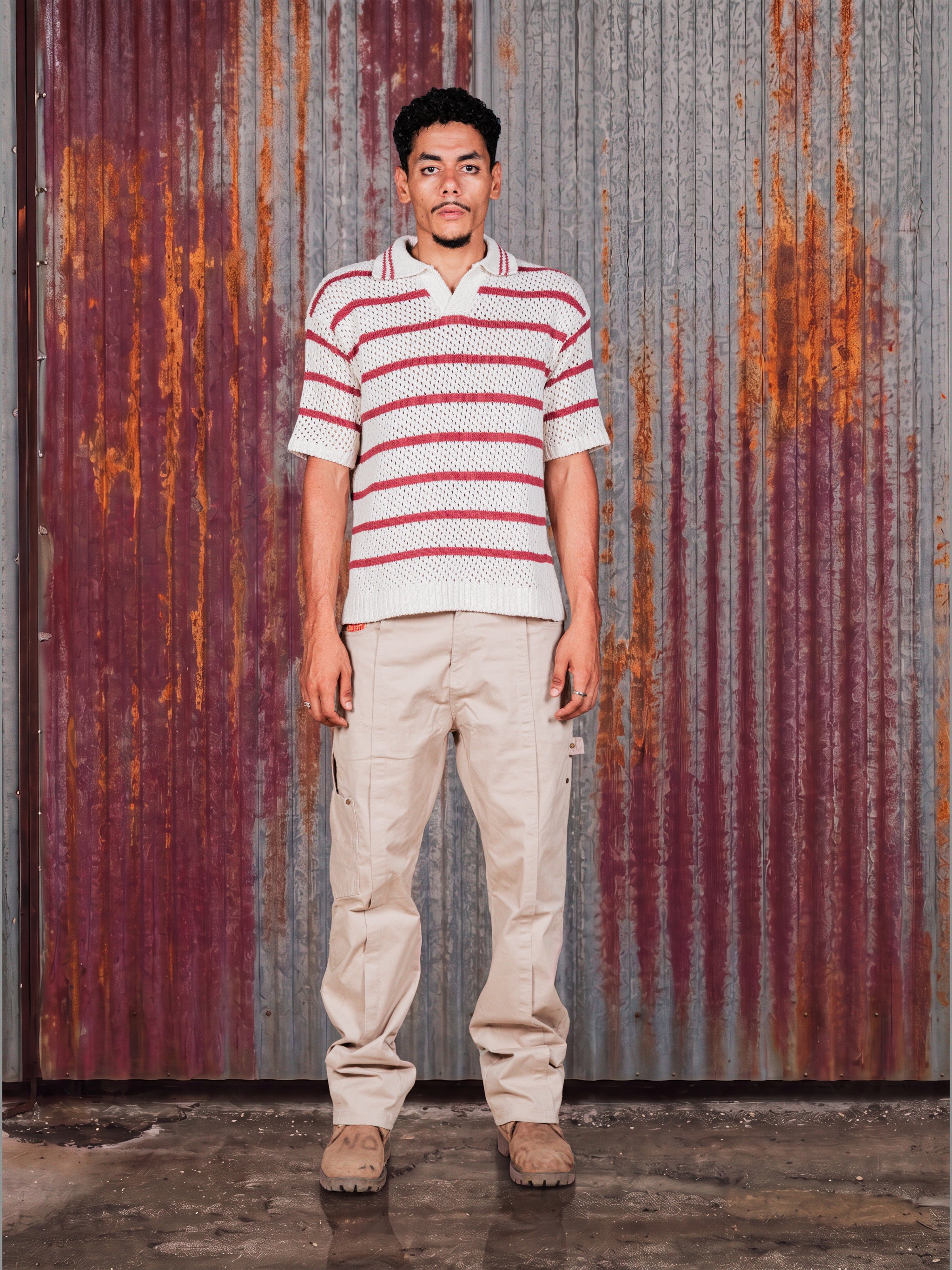 Creamy & Burgundy Knit Stripe Polo