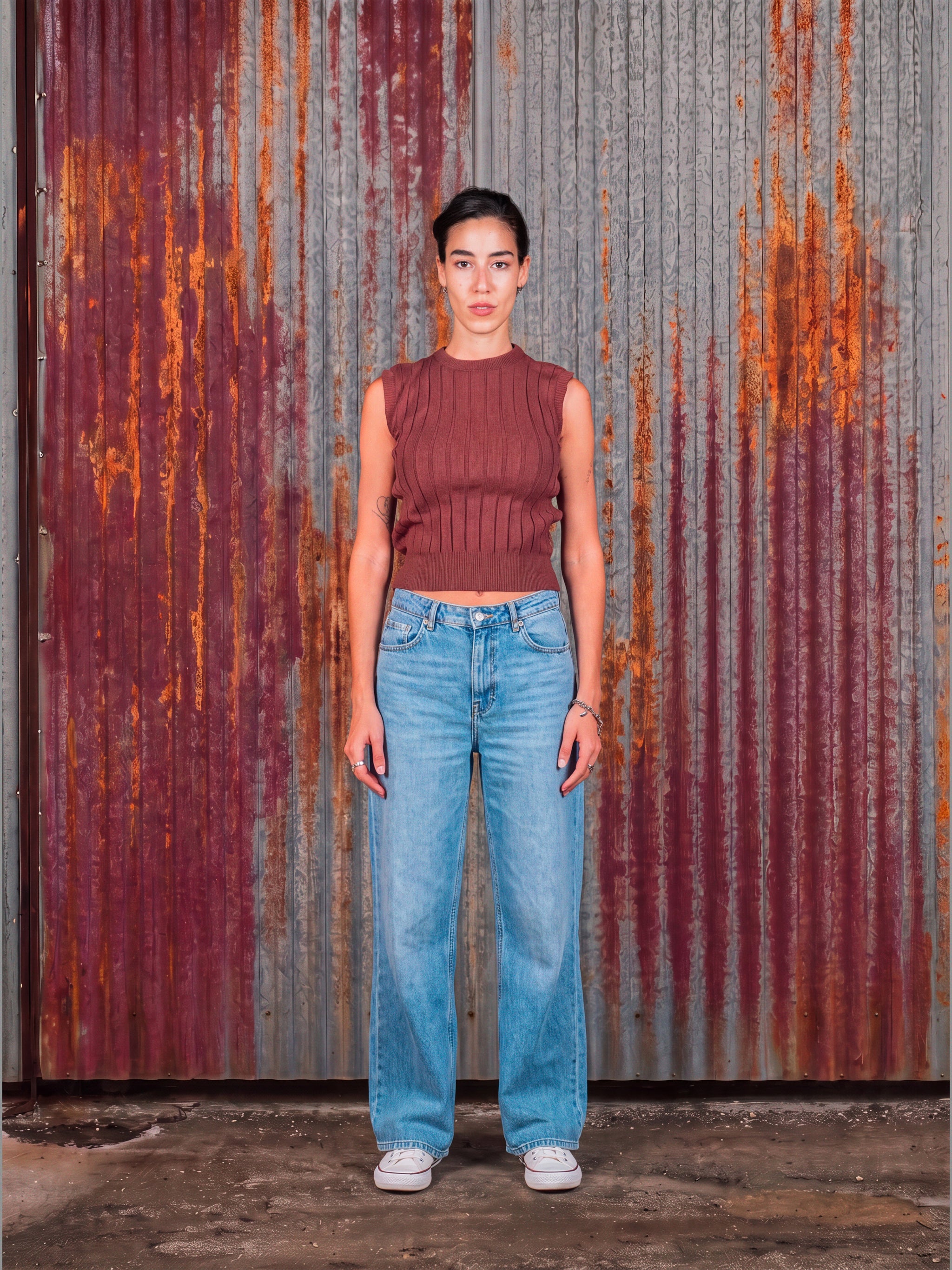 Brown Ribbed Knit Sleeveless Top
